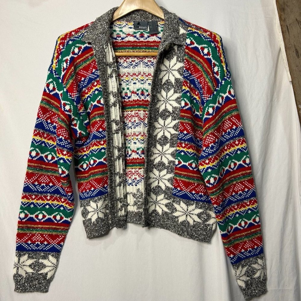 Vintage Lizwear Fair Isle Snowflake Cardigan Sweater Multi Color Mock Neck L - Picture 3 of 5